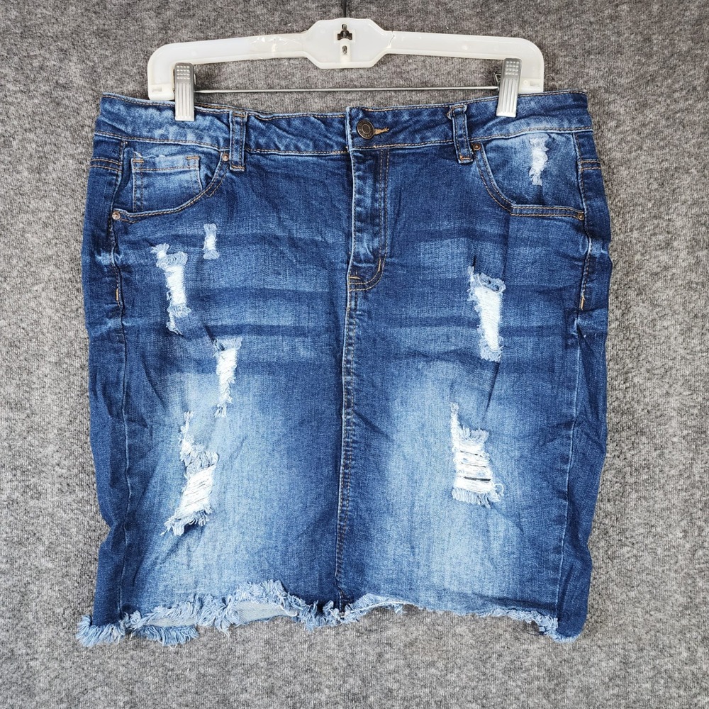 Wax Jean Denim Skirt Women 1XL Dark Wash Distressed Frayed Hem 90114XL